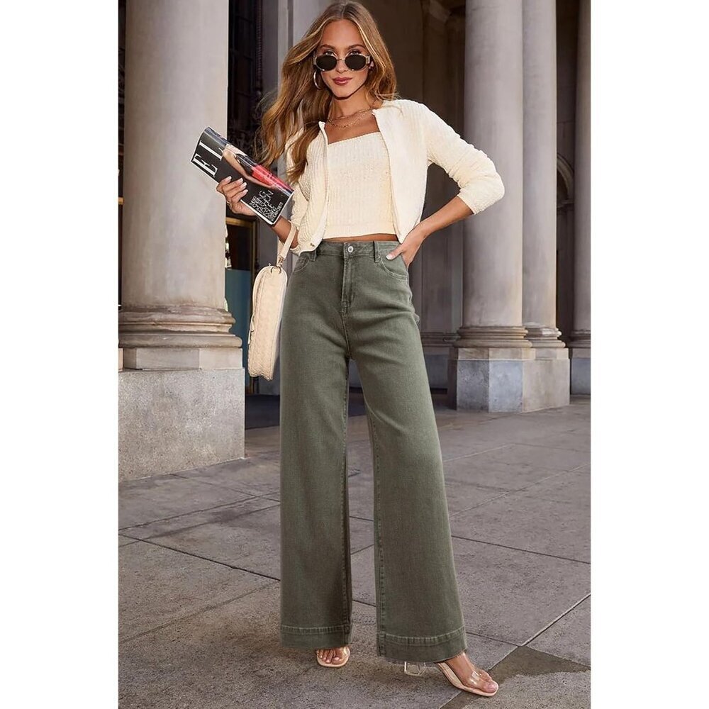 Women's Guacamole Casual High Waisted Stretch Button Wide Leg Loose Denim Jeans - Picture 2 of 6